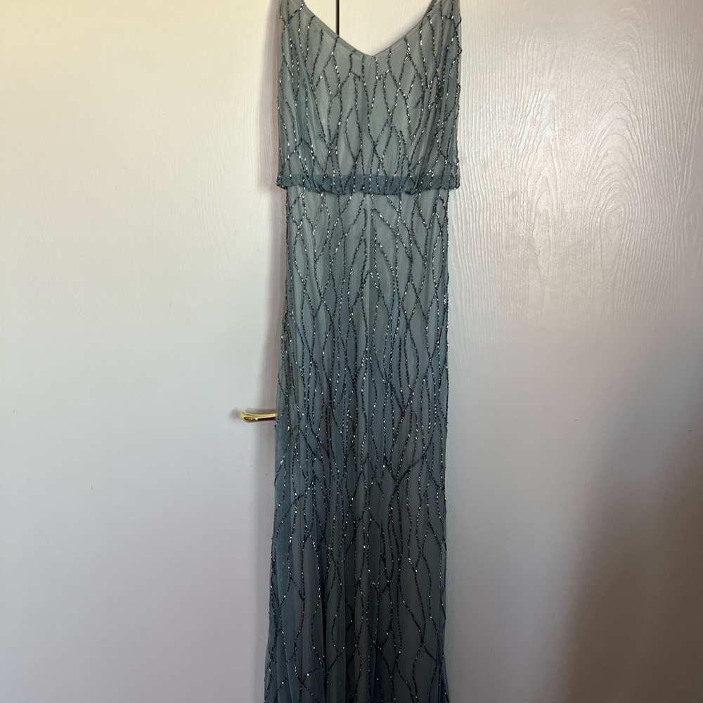 Adrianna Papell Silver Pleated Maxi Gown